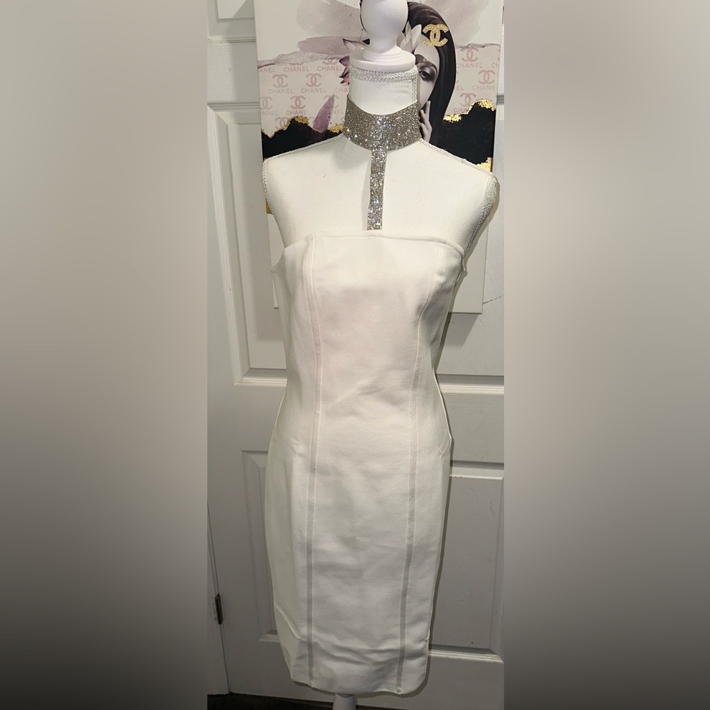 Fashion Nova sexy body con white dress with Rhinestones size large